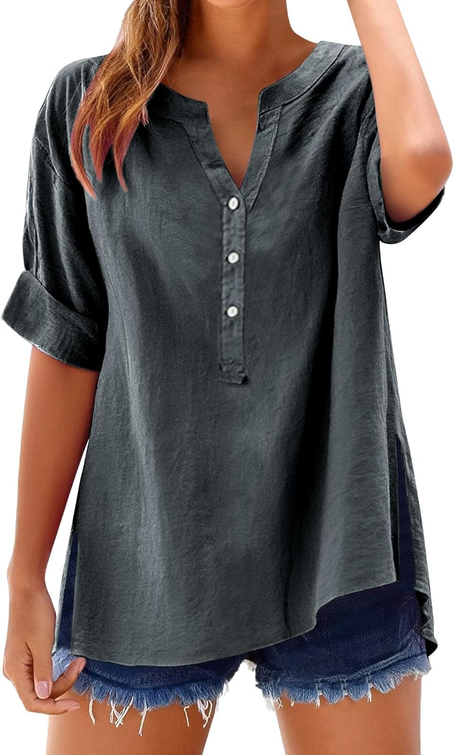 Women's Solid V-Neck Linen Shirt - 2025 Lightweight Summer Beach Top, Short Sleeve Boho Button Front Casual Blouse