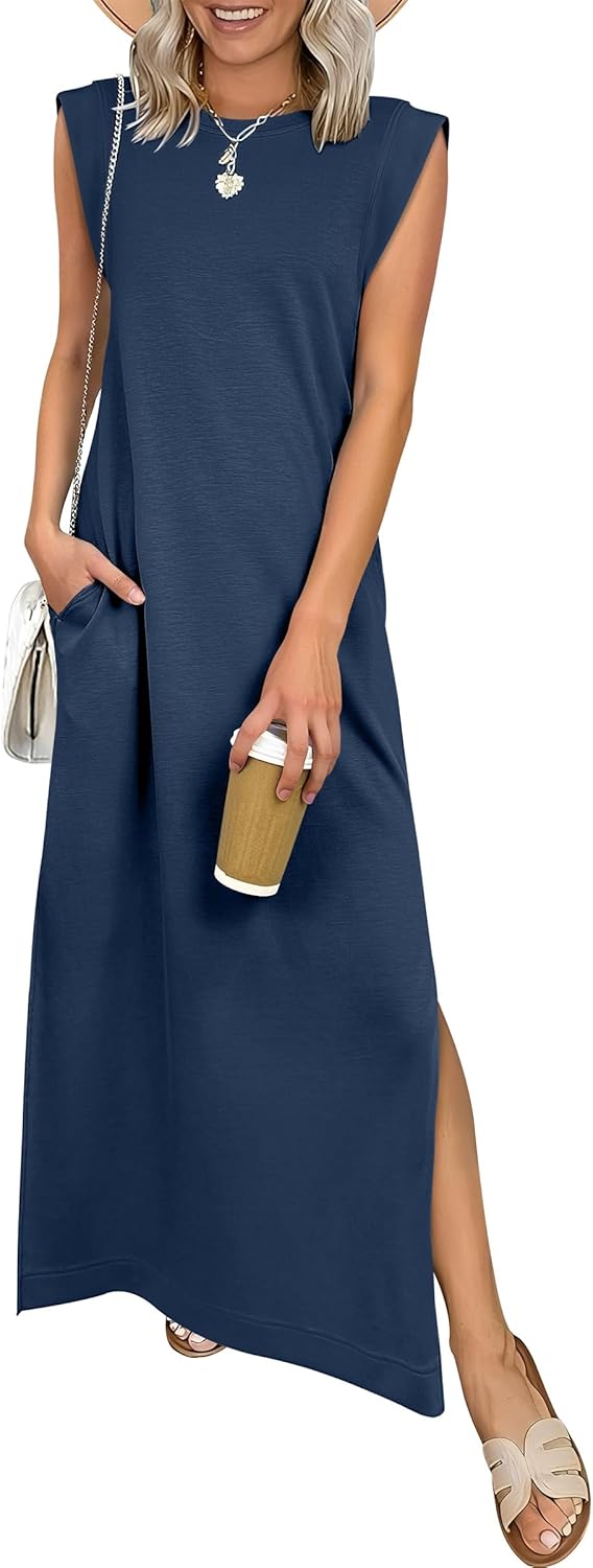 Women Summer Casual Sleeveless Maxi Dress 2026 Crewneck Loose Split Wrinkle-Free Beach Travel Vacation Long Sundress