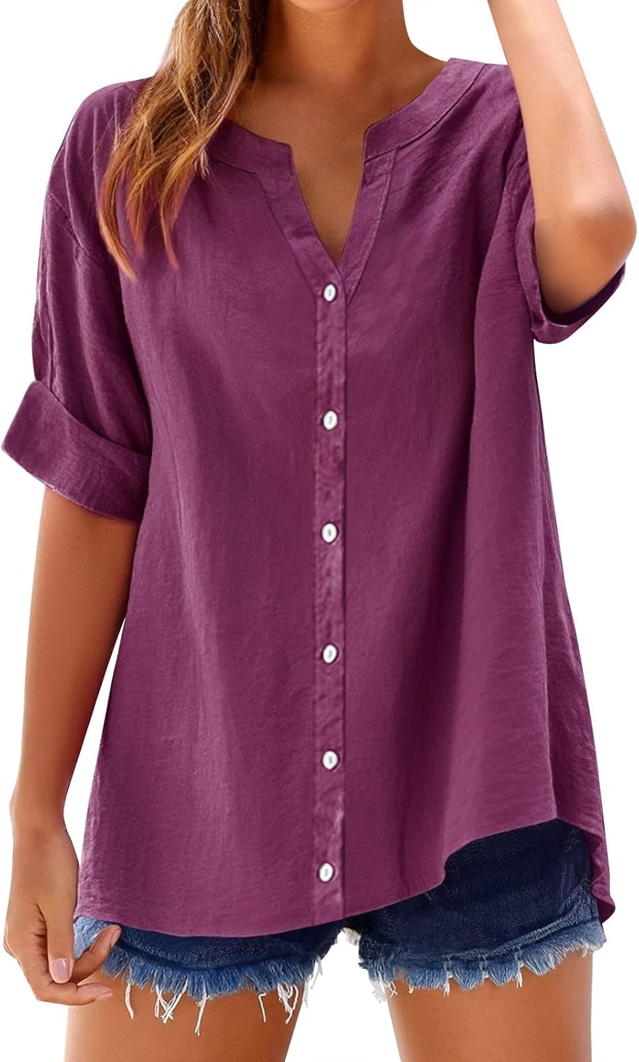 Women's Solid V-Neck Linen Shirt - 2025 Lightweight Summer Beach Top, Short Sleeve Boho Button Front Casual Blouse