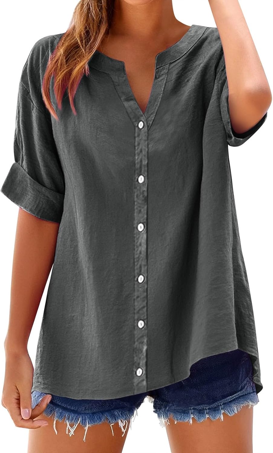 Women's Solid V-Neck Linen Shirt - 2025 Lightweight Summer Beach Top, Short Sleeve Boho Button Front Casual Blouse