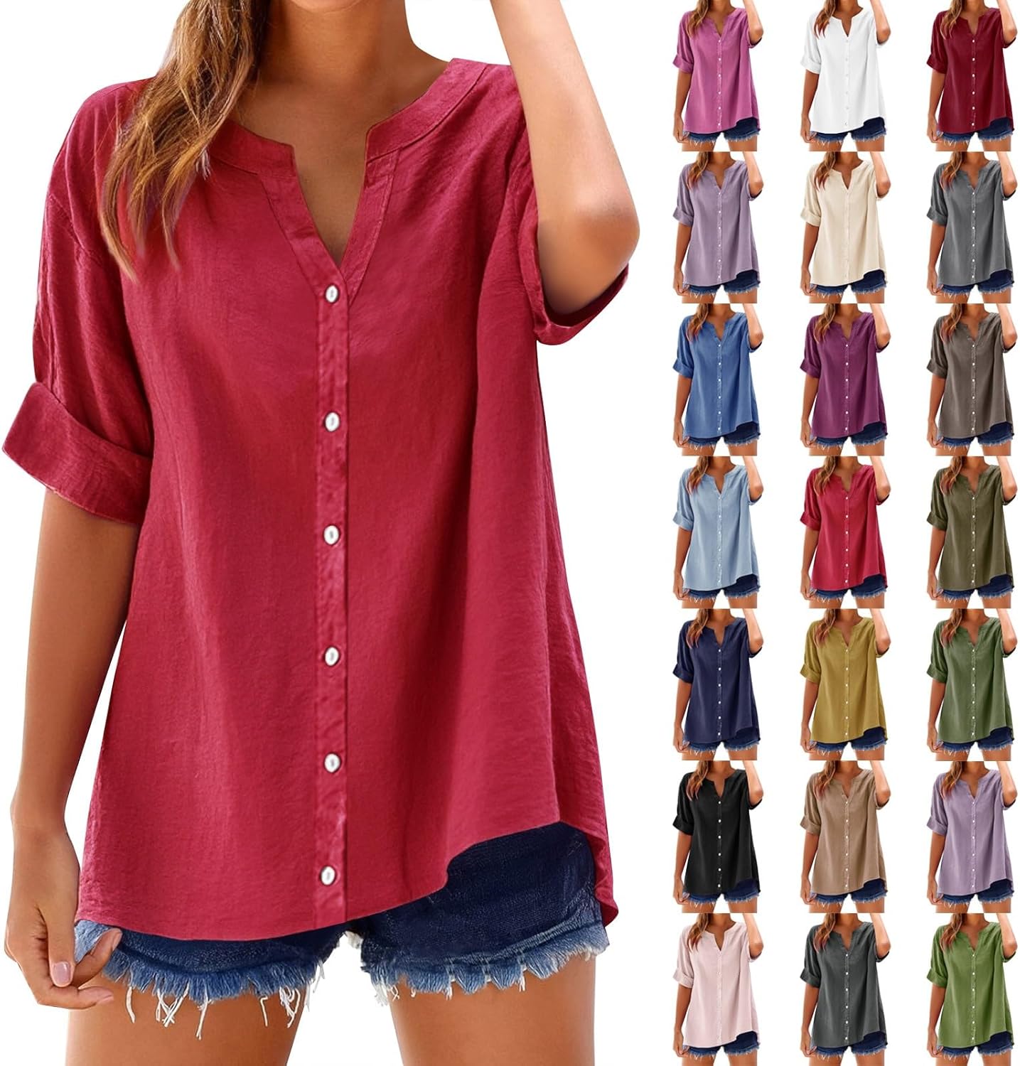 Women's Solid V-Neck Linen Shirt - 2025 Lightweight Summer Beach Top, Short Sleeve Boho Button Front Casual Blouse