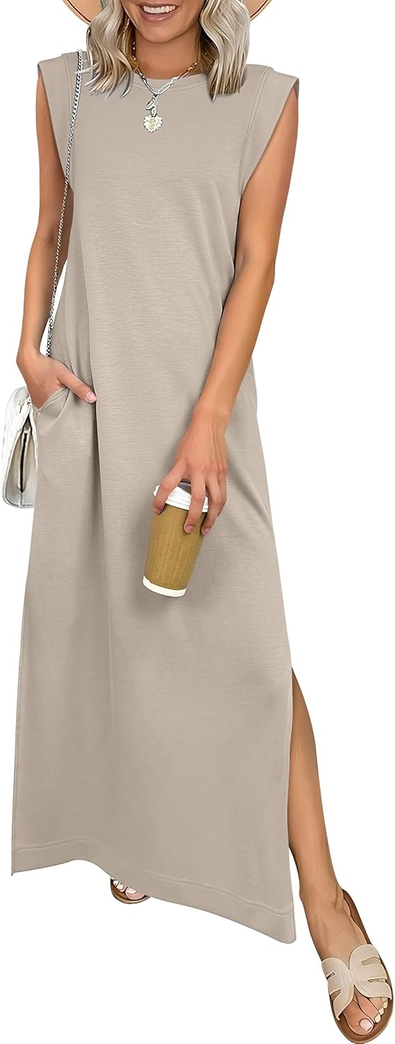 Women Summer Casual Sleeveless Maxi Dress 2026 Crewneck Loose Split Wrinkle-Free Beach Travel Vacation Long Sundress