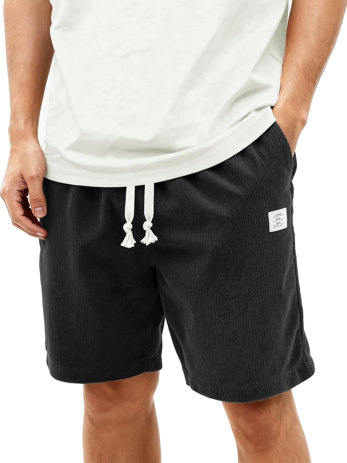 Mens Corduroy Shorts Casual 7 Inch Elastic Waist Drawstring Summer Beach Loose Fit Shorts