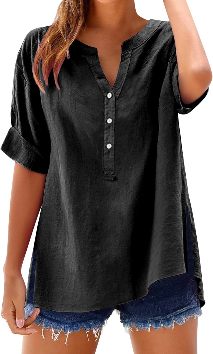 Women's Solid V-Neck Linen Shirt - 2025 Lightweight Summer Beach Top, Short Sleeve Boho Button Front Casual Blouse