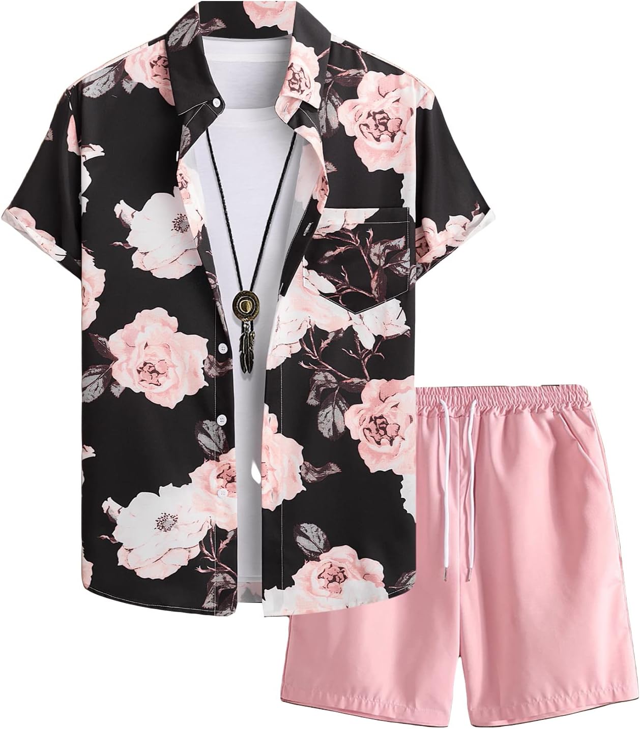 Men's 2 Piece Vacation Beach Outfits Floral Button Down Shirt and Shorts Cruise Attire Sets