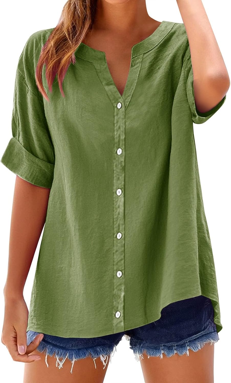 Women's Solid V-Neck Linen Shirt - 2025 Lightweight Summer Beach Top, Short Sleeve Boho Button Front Casual Blouse