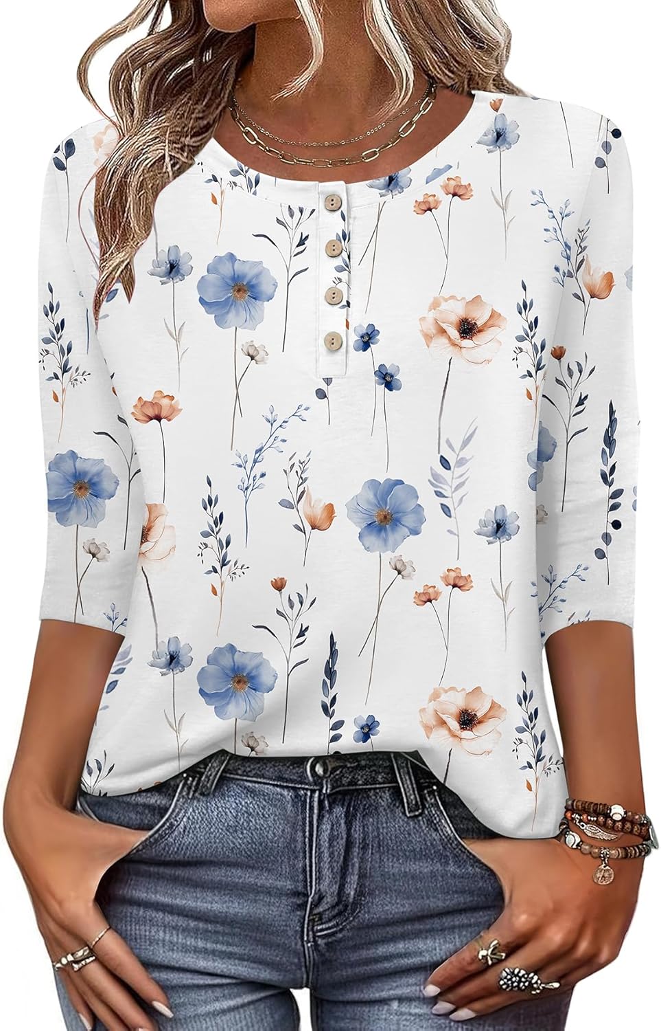 3/4 Length Sleeve Women Tops Crew Neck Blouses Dressy Casual Summer T Shirts Loose Fit Business Work Clothes
