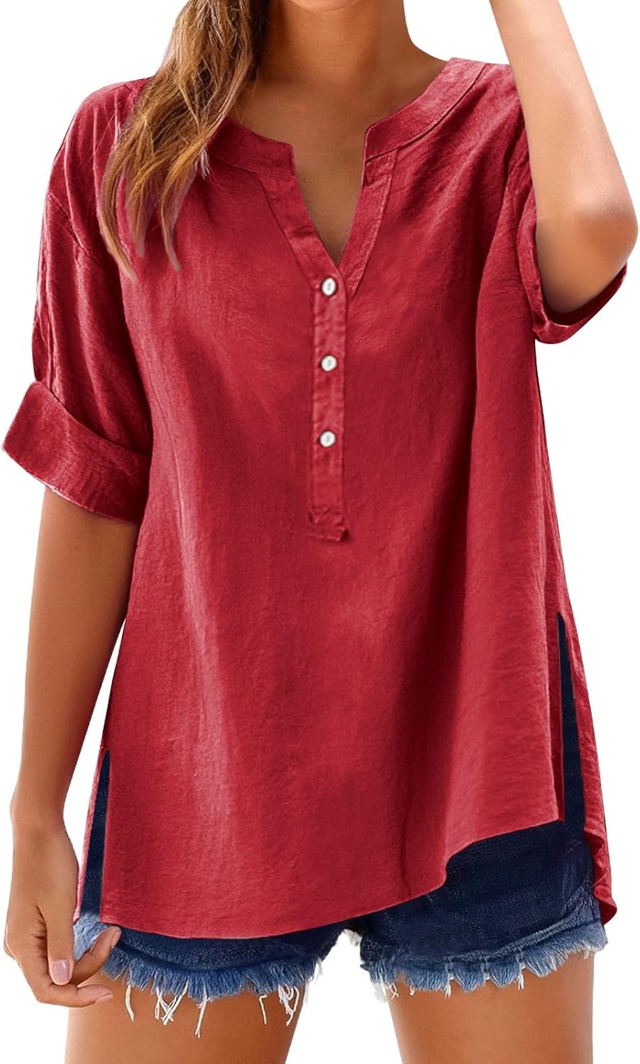 Women's Solid V-Neck Linen Shirt - 2025 Lightweight Summer Beach Top, Short Sleeve Boho Button Front Casual Blouse