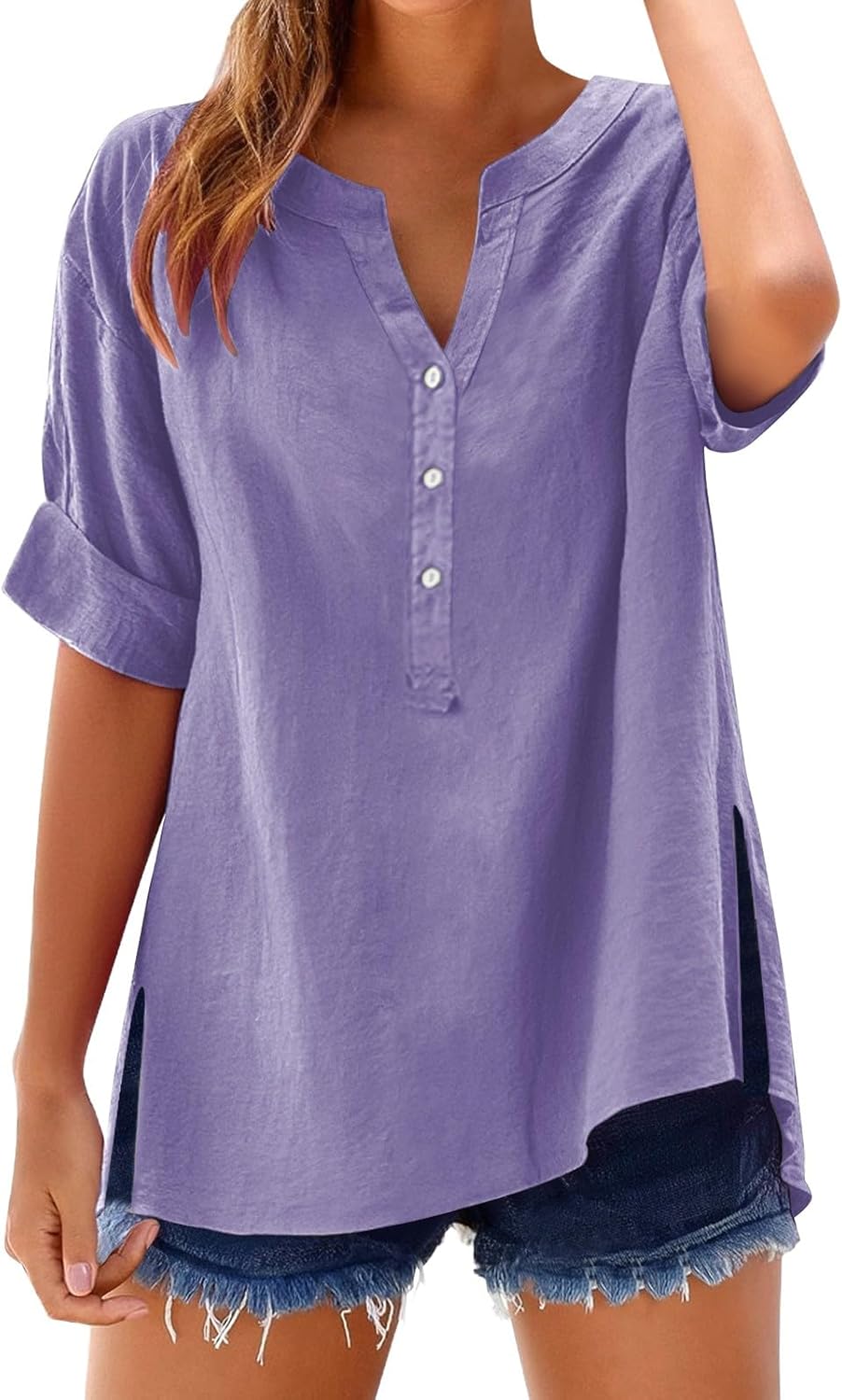 Women's Solid V-Neck Linen Shirt - 2025 Lightweight Summer Beach Top, Short Sleeve Boho Button Front Casual Blouse