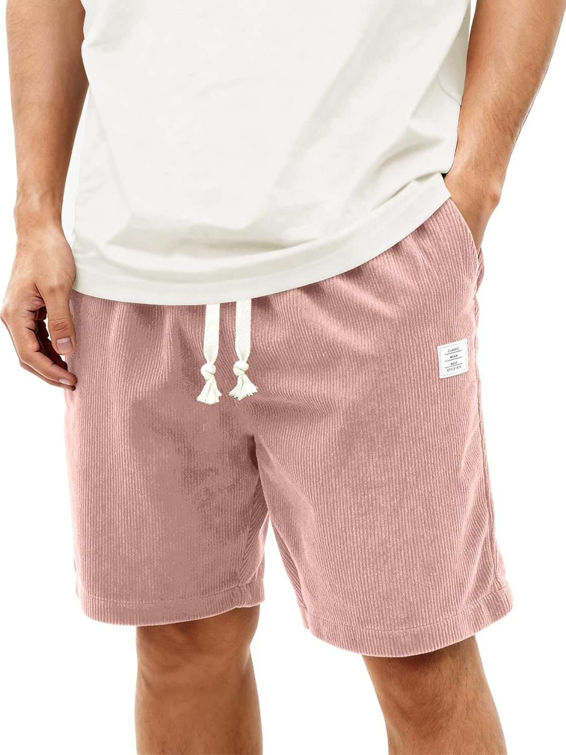 Mens Corduroy Shorts Casual 7 Inch Elastic Waist Drawstring Summer Beach Loose Fit Shorts