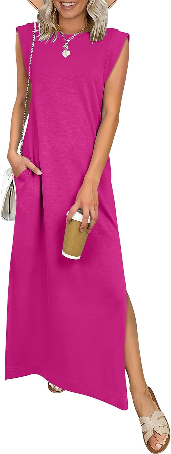 Women Summer Casual Sleeveless Maxi Dress 2026 Crewneck Loose Split Wrinkle-Free Beach Travel Vacation Long Sundress