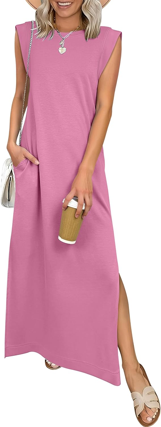 Women Summer Casual Sleeveless Maxi Dress 2026 Crewneck Loose Split Wrinkle-Free Beach Travel Vacation Long Sundress