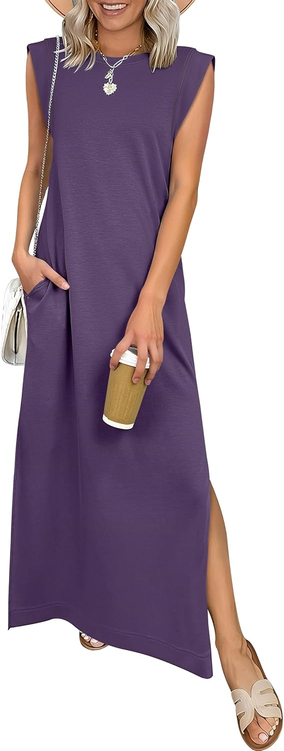 Women Summer Casual Sleeveless Maxi Dress 2026 Crewneck Loose Split Wrinkle-Free Beach Travel Vacation Long Sundress