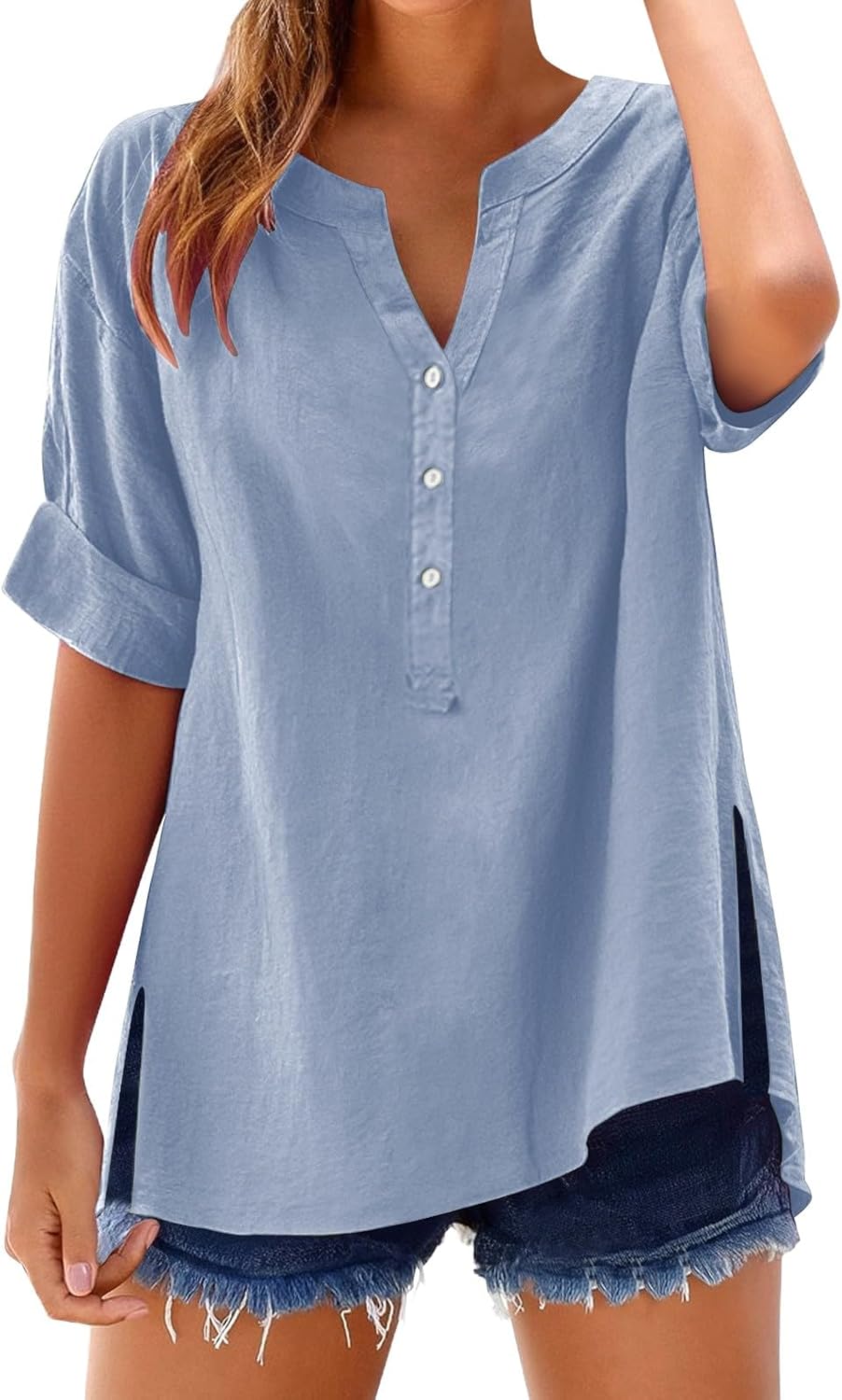 Women's Solid V-Neck Linen Shirt - 2025 Lightweight Summer Beach Top, Short Sleeve Boho Button Front Casual Blouse