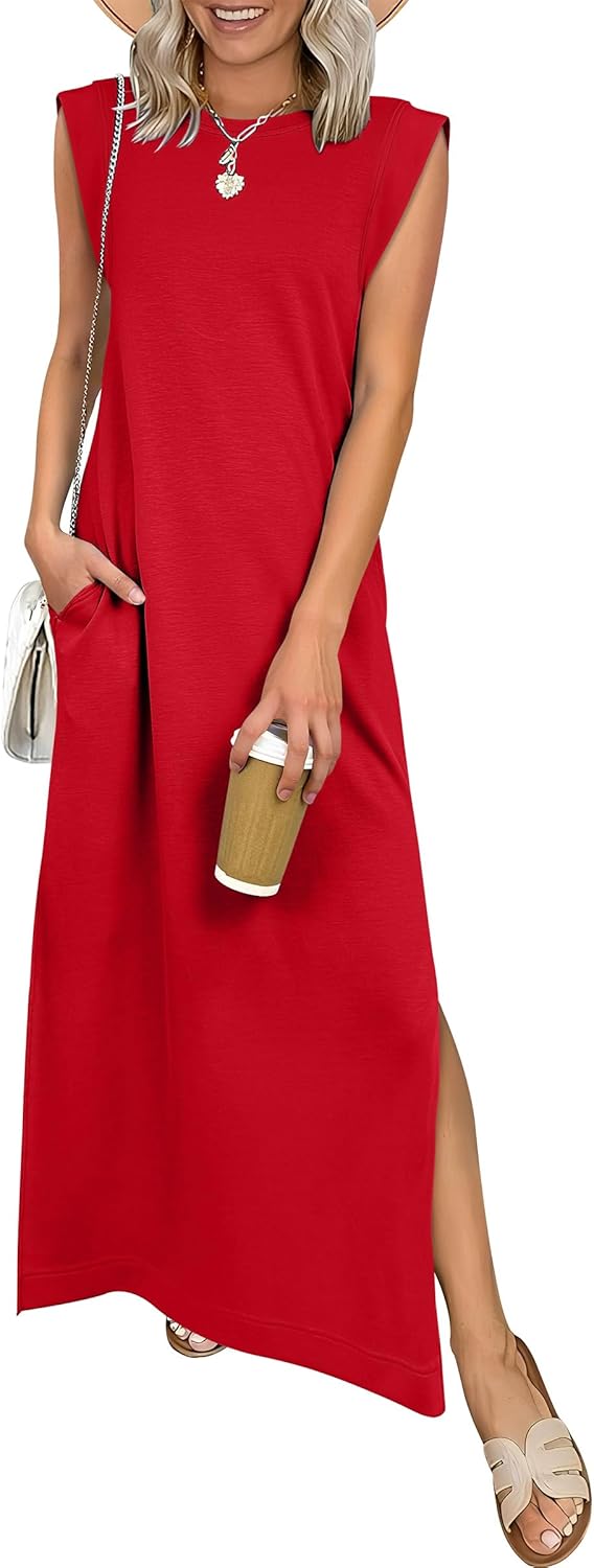Women Summer Casual Sleeveless Maxi Dress 2026 Crewneck Loose Split Wrinkle-Free Beach Travel Vacation Long Sundress