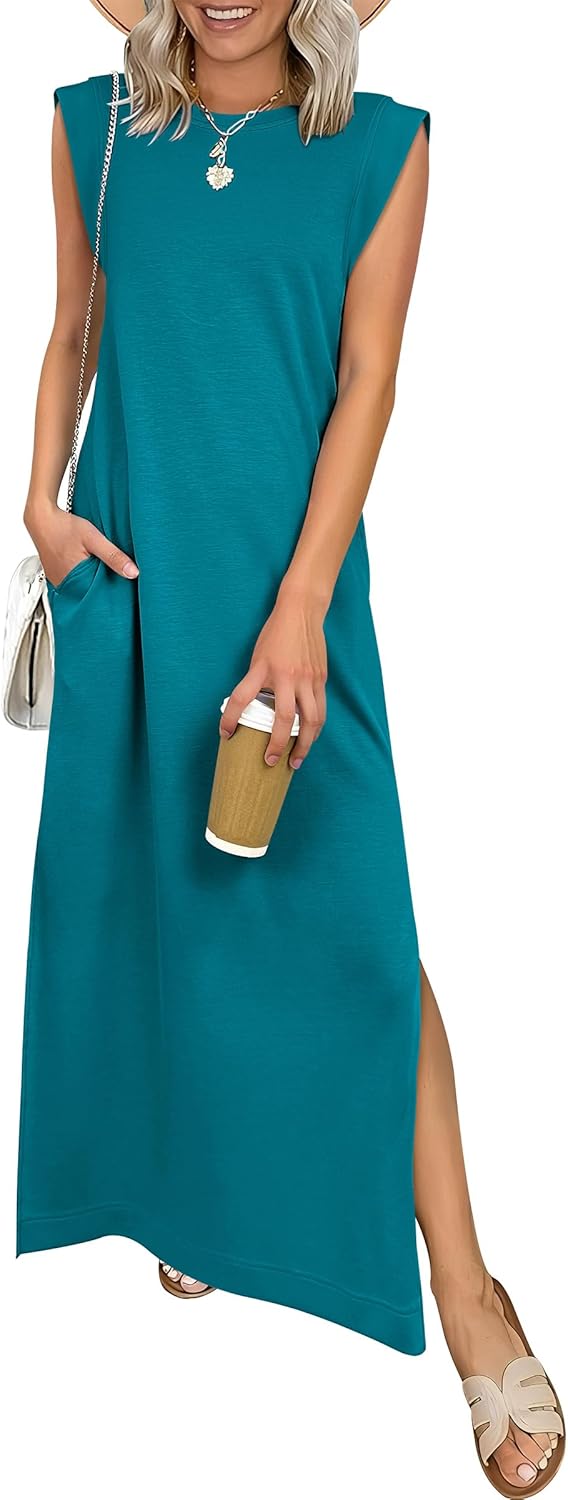 Women Summer Casual Sleeveless Maxi Dress 2026 Crewneck Loose Split Wrinkle-Free Beach Travel Vacation Long Sundress