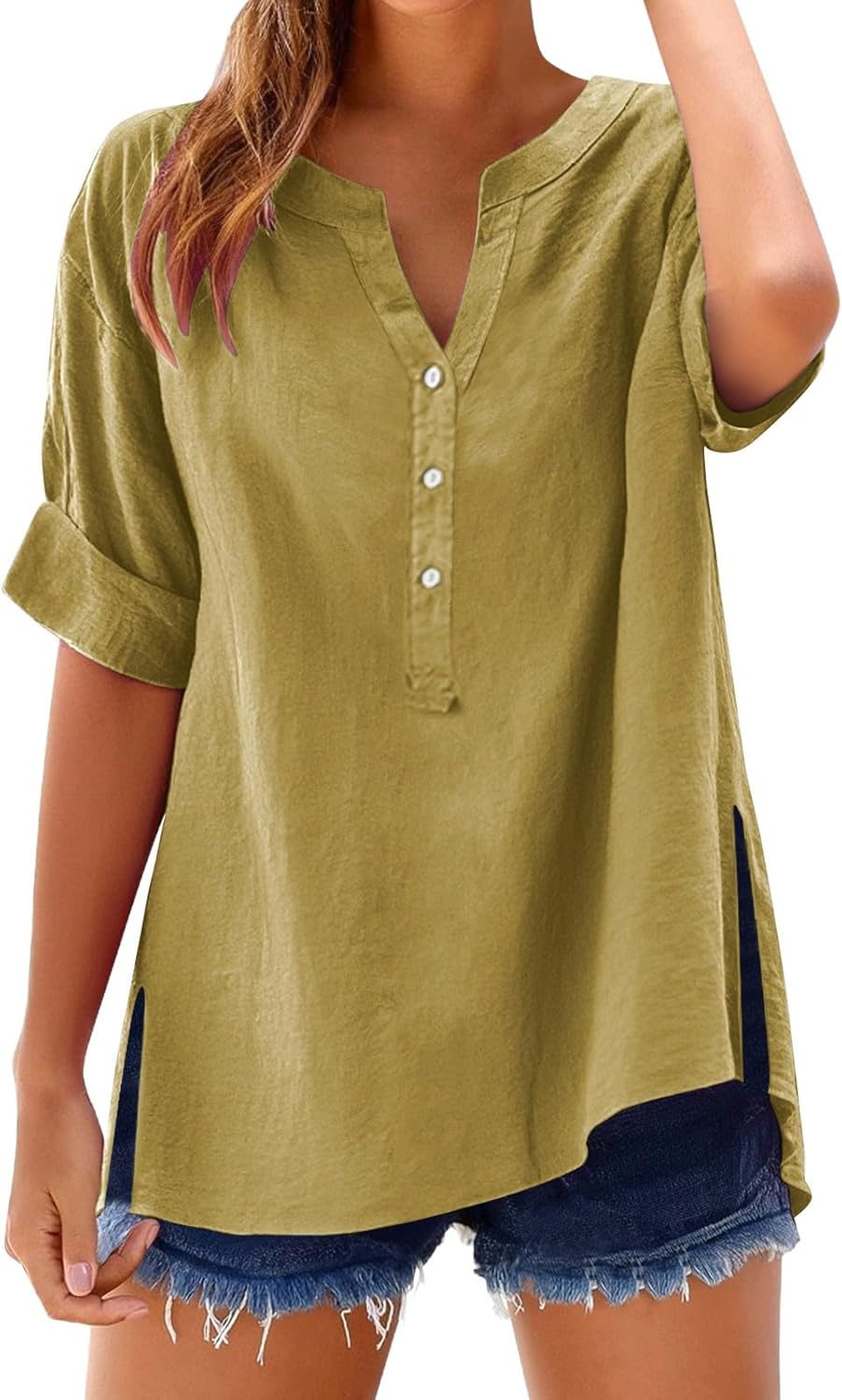 Women's Solid V-Neck Linen Shirt - 2025 Lightweight Summer Beach Top, Short Sleeve Boho Button Front Casual Blouse