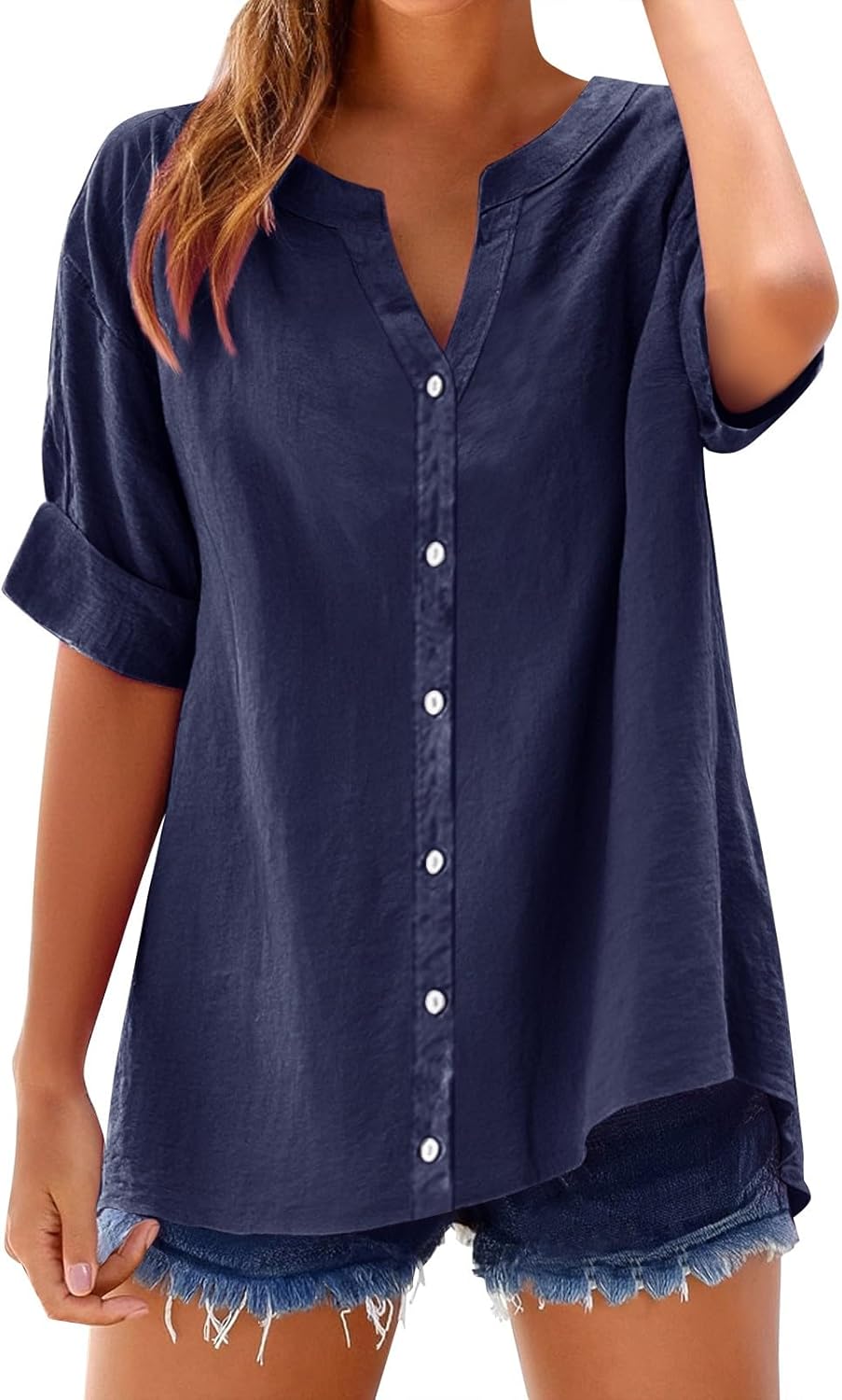 Women's Solid V-Neck Linen Shirt - 2025 Lightweight Summer Beach Top, Short Sleeve Boho Button Front Casual Blouse