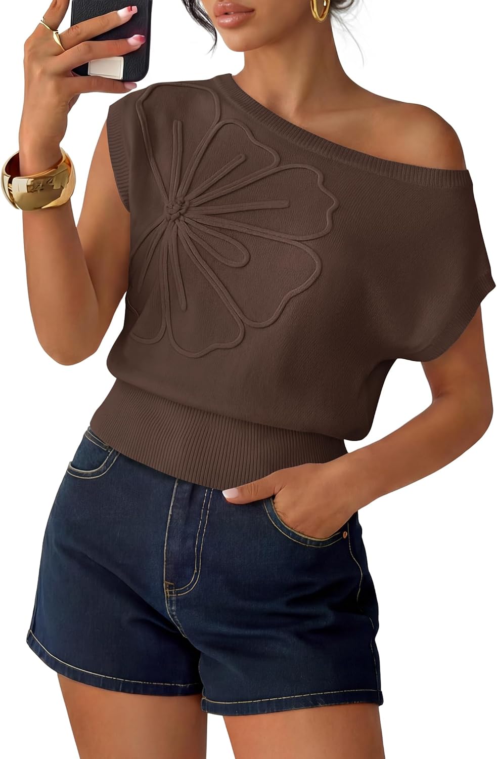 Women's Summer Off Shoulder Short Sleeve Sweater Vest 2026 Floral Knit Loose Going Out Tops Trendy Cute Clothes