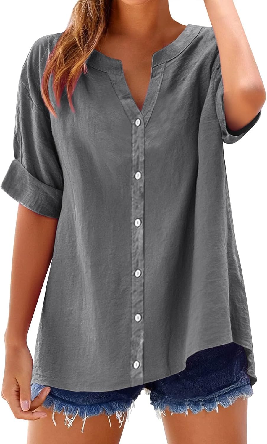 Women's Solid V-Neck Linen Shirt - 2025 Lightweight Summer Beach Top, Short Sleeve Boho Button Front Casual Blouse