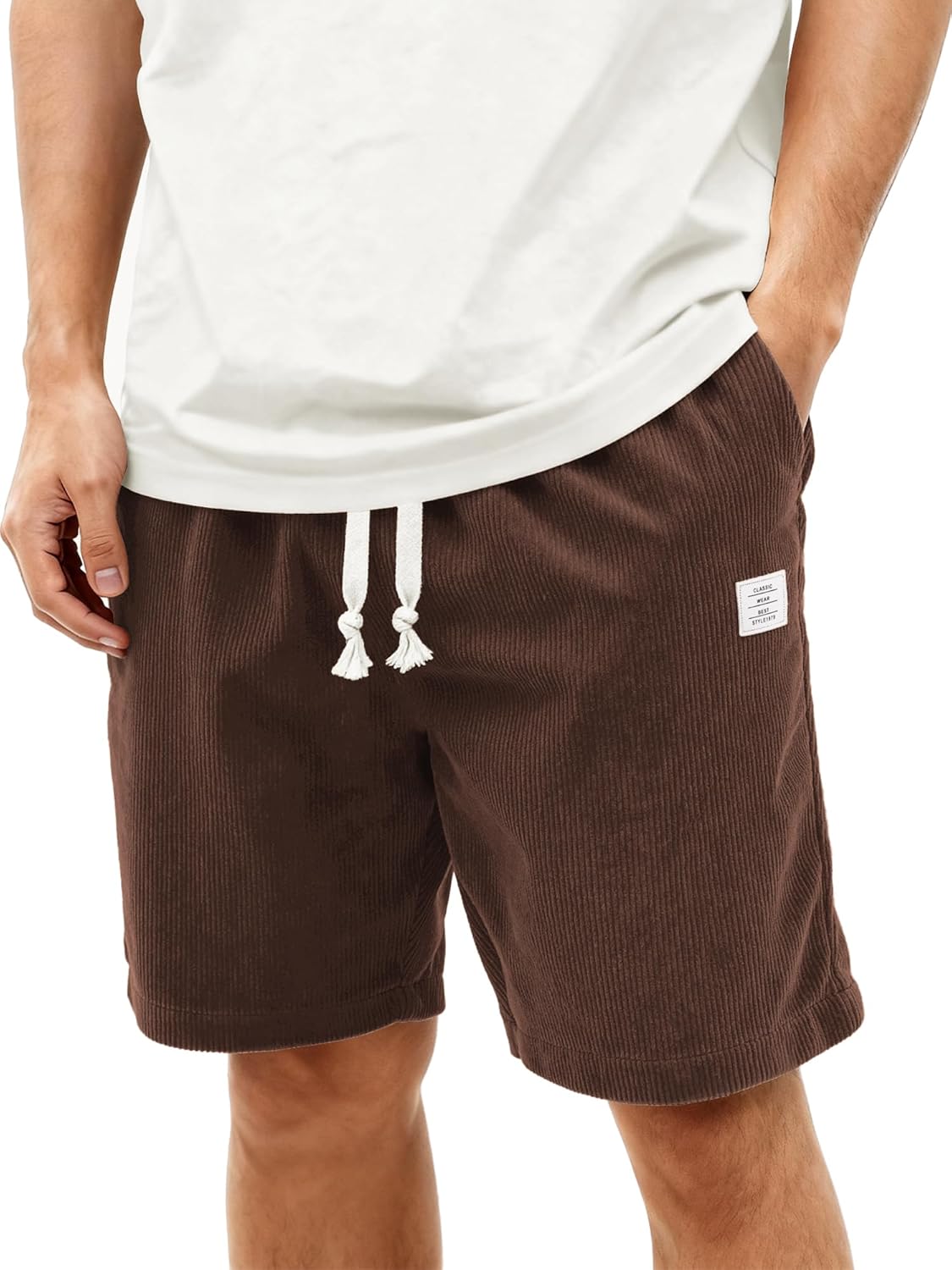 Mens Corduroy Shorts Casual 7 Inch Elastic Waist Drawstring Summer Beach Loose Fit Shorts
