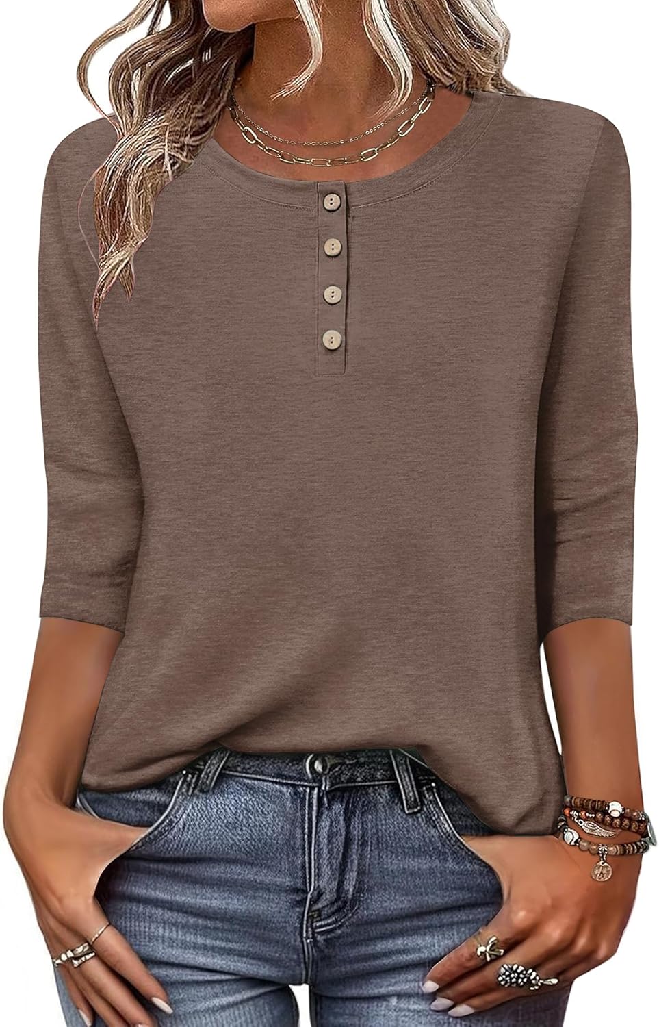 3/4 Length Sleeve Women Tops Crew Neck Blouses Dressy Casual Summer T Shirts Loose Fit Business Work Clothes