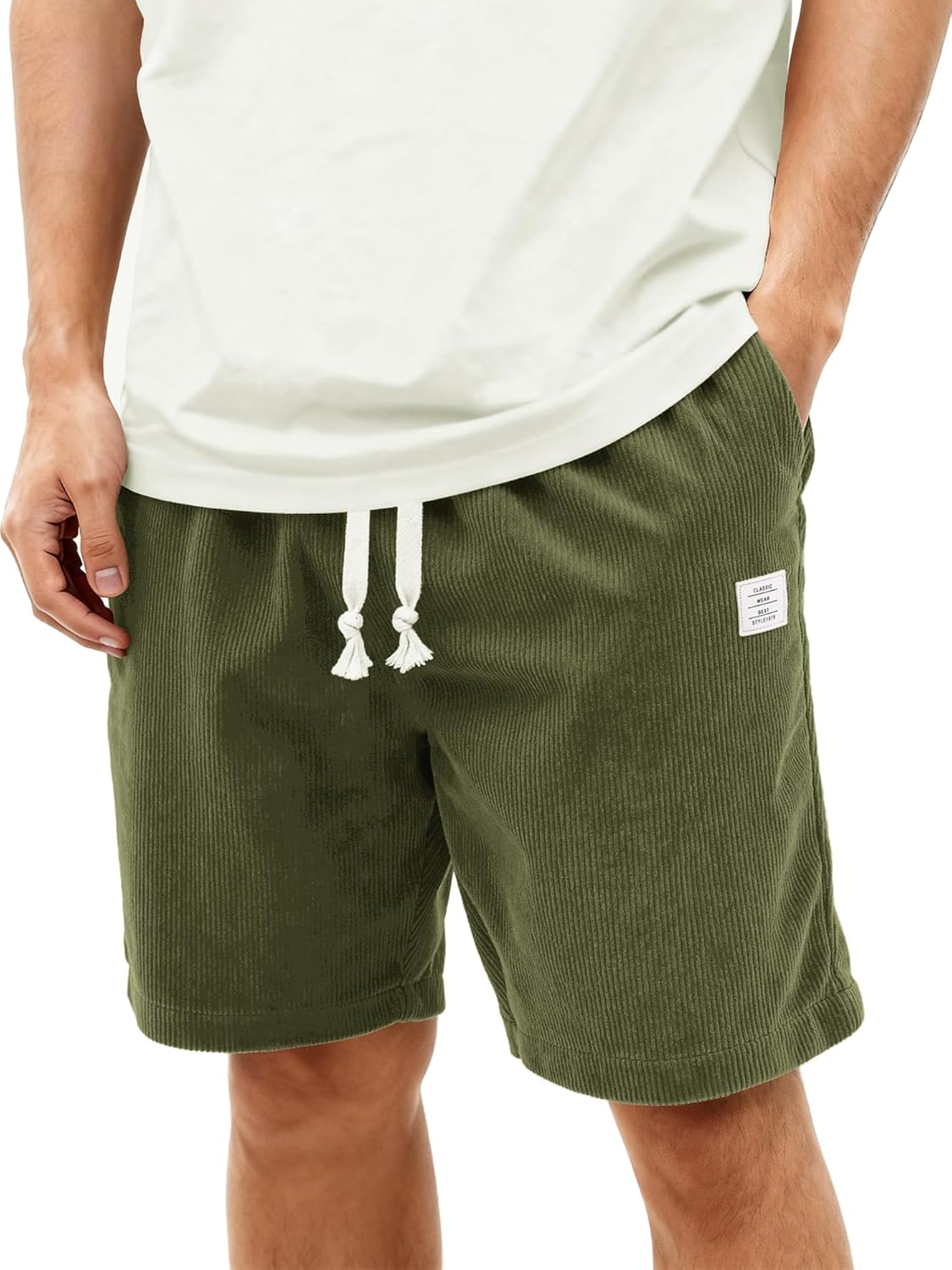 Mens Corduroy Shorts Casual 7 Inch Elastic Waist Drawstring Summer Beach Loose Fit Shorts