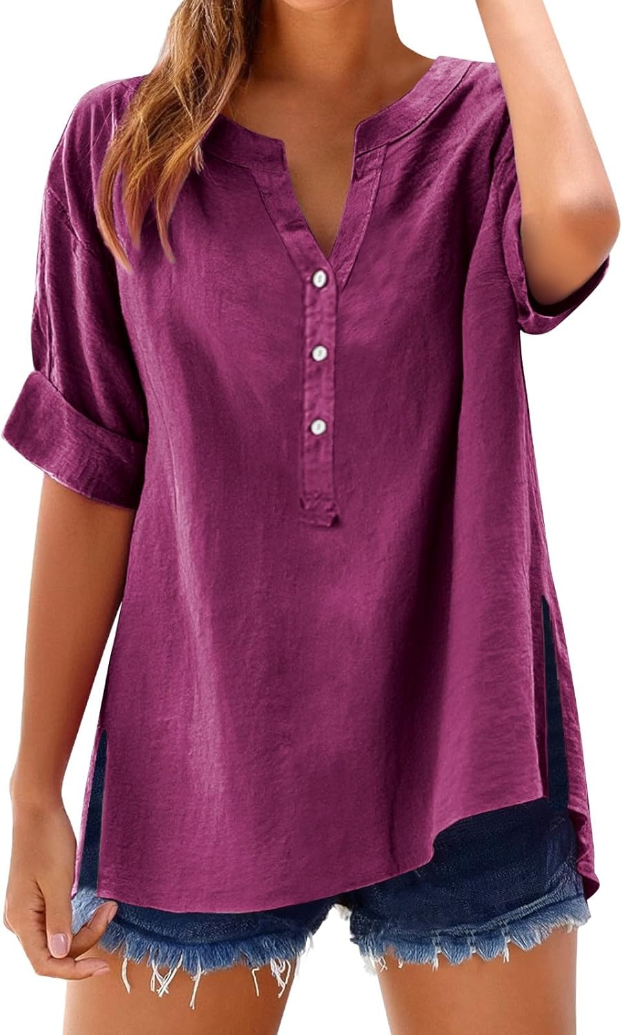 Women's Solid V-Neck Linen Shirt - 2025 Lightweight Summer Beach Top, Short Sleeve Boho Button Front Casual Blouse