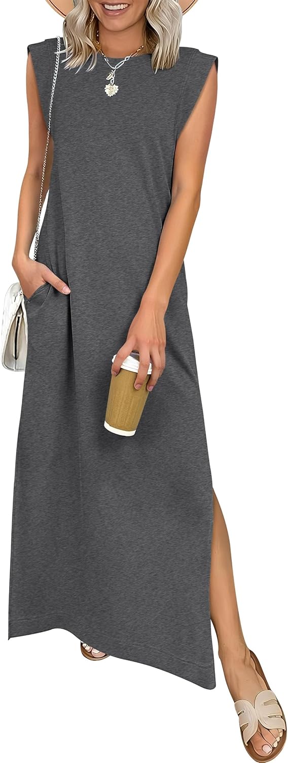 Women Summer Casual Sleeveless Maxi Dress 2026 Crewneck Loose Split Wrinkle-Free Beach Travel Vacation Long Sundress