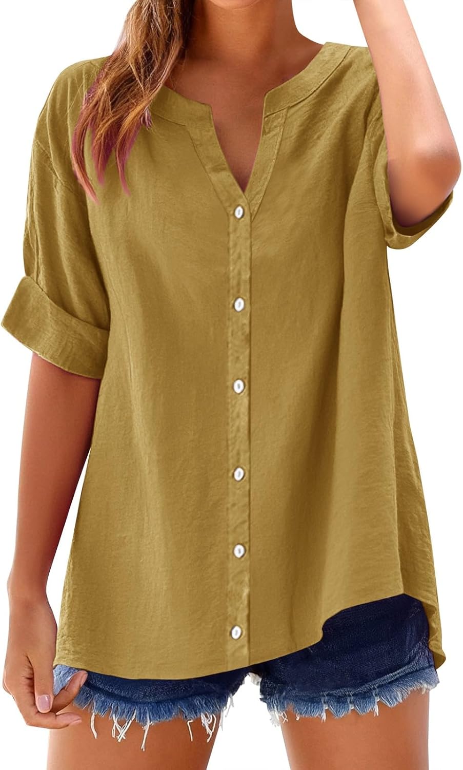 Women's Solid V-Neck Linen Shirt - 2025 Lightweight Summer Beach Top, Short Sleeve Boho Button Front Casual Blouse