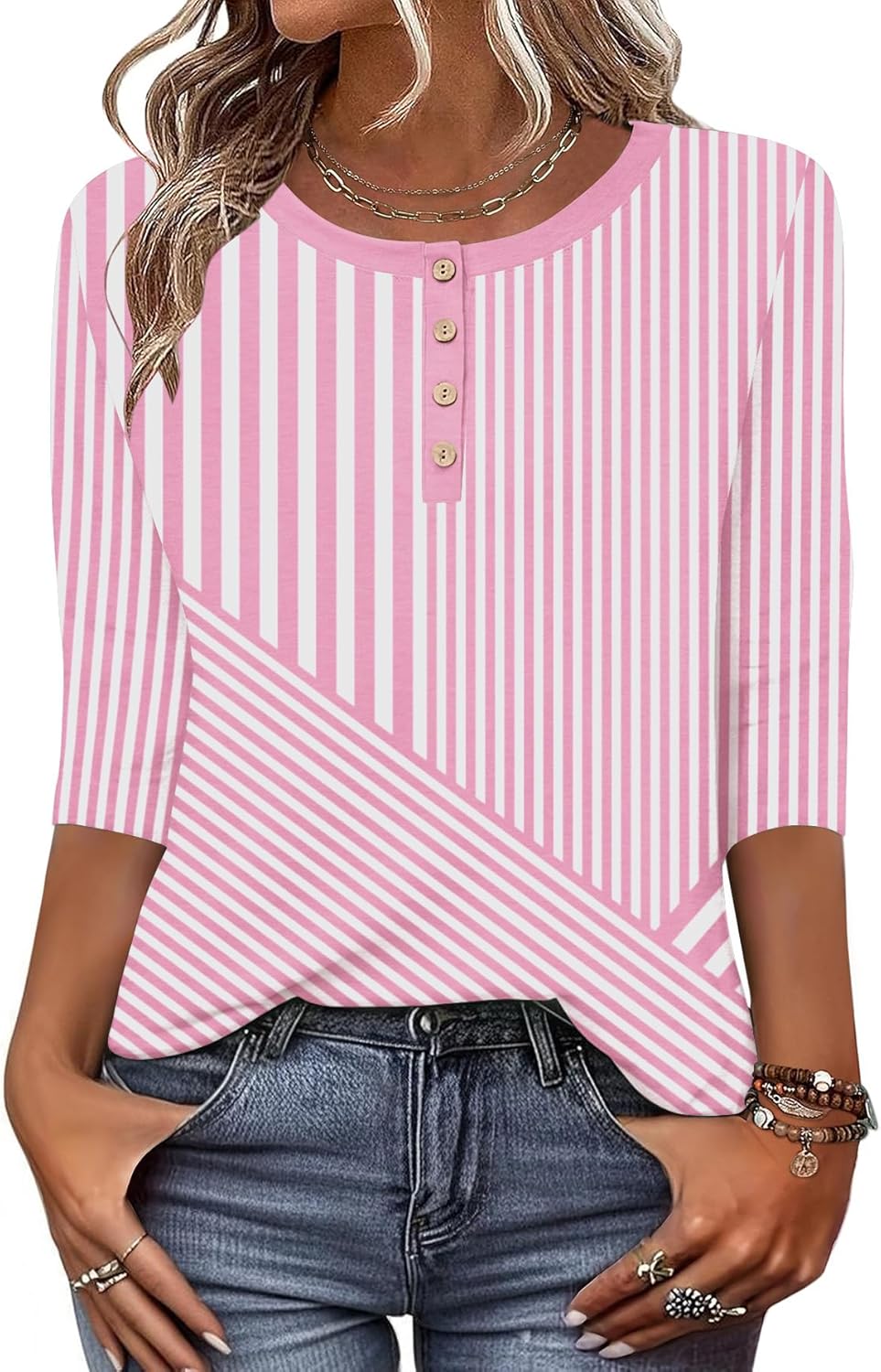 3/4 Length Sleeve Women Tops Crew Neck Blouses Dressy Casual Summer T Shirts Loose Fit Business Work Clothes