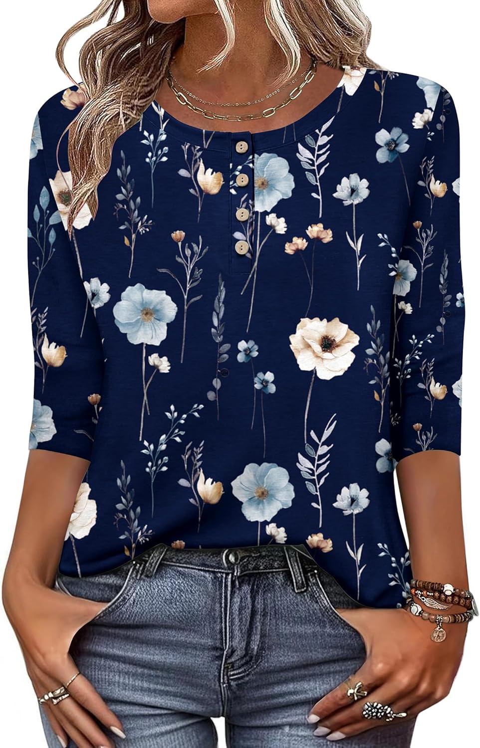 3/4 Length Sleeve Women Tops Crew Neck Blouses Dressy Casual Summer T Shirts Loose Fit Business Work Clothes