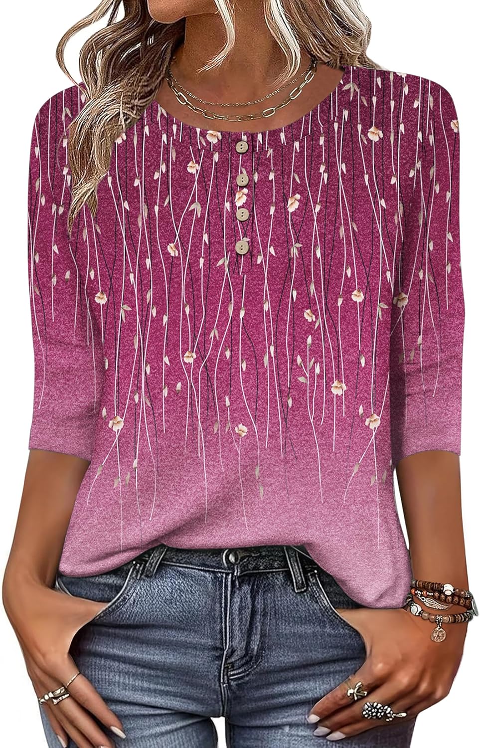 3/4 Length Sleeve Women Tops Crew Neck Blouses Dressy Casual Summer T Shirts Loose Fit Business Work Clothes