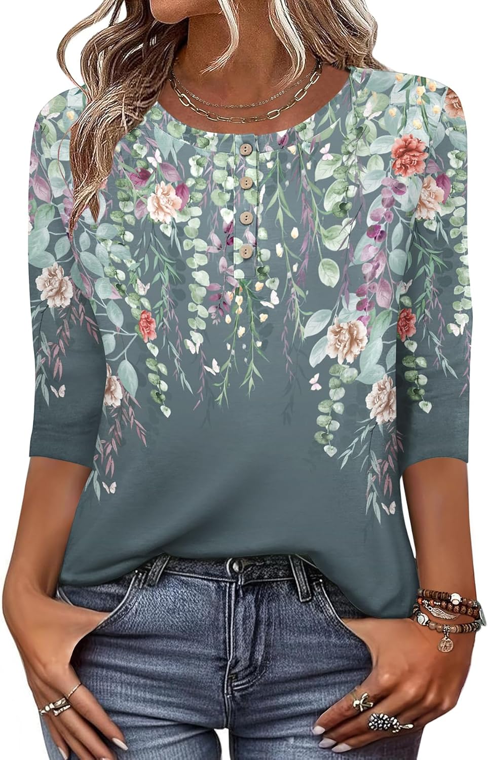3/4 Length Sleeve Women Tops Crew Neck Blouses Dressy Casual Summer T Shirts Loose Fit Business Work Clothes