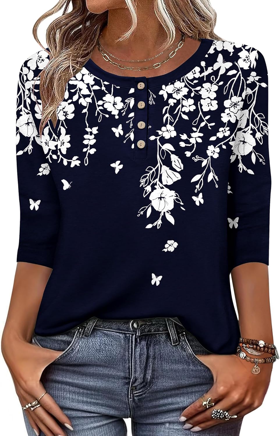 3/4 Length Sleeve Women Tops Crew Neck Blouses Dressy Casual Summer T Shirts Loose Fit Business Work Clothes