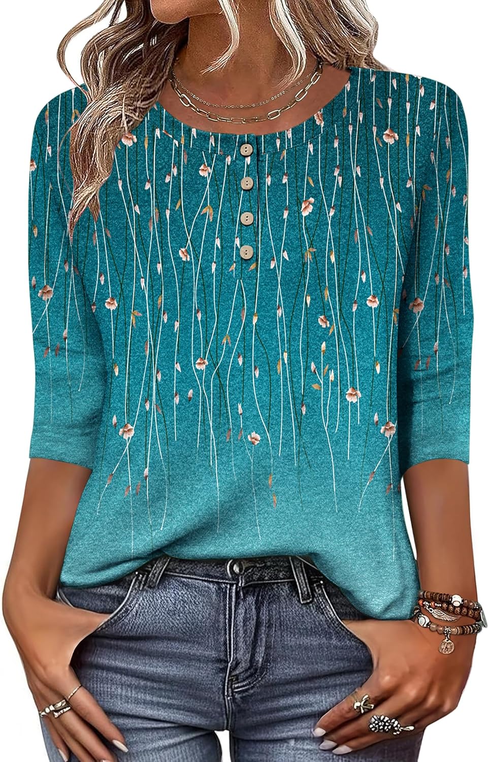 3/4 Length Sleeve Women Tops Crew Neck Blouses Dressy Casual Summer T Shirts Loose Fit Business Work Clothes