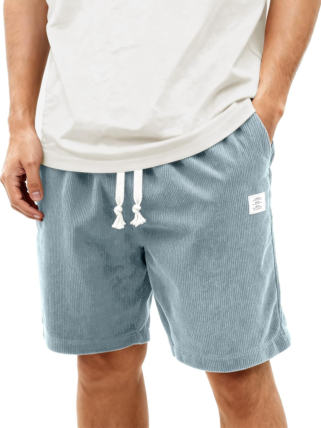 Mens Corduroy Shorts Casual 7 Inch Elastic Waist Drawstring Summer Beach Loose Fit Shorts