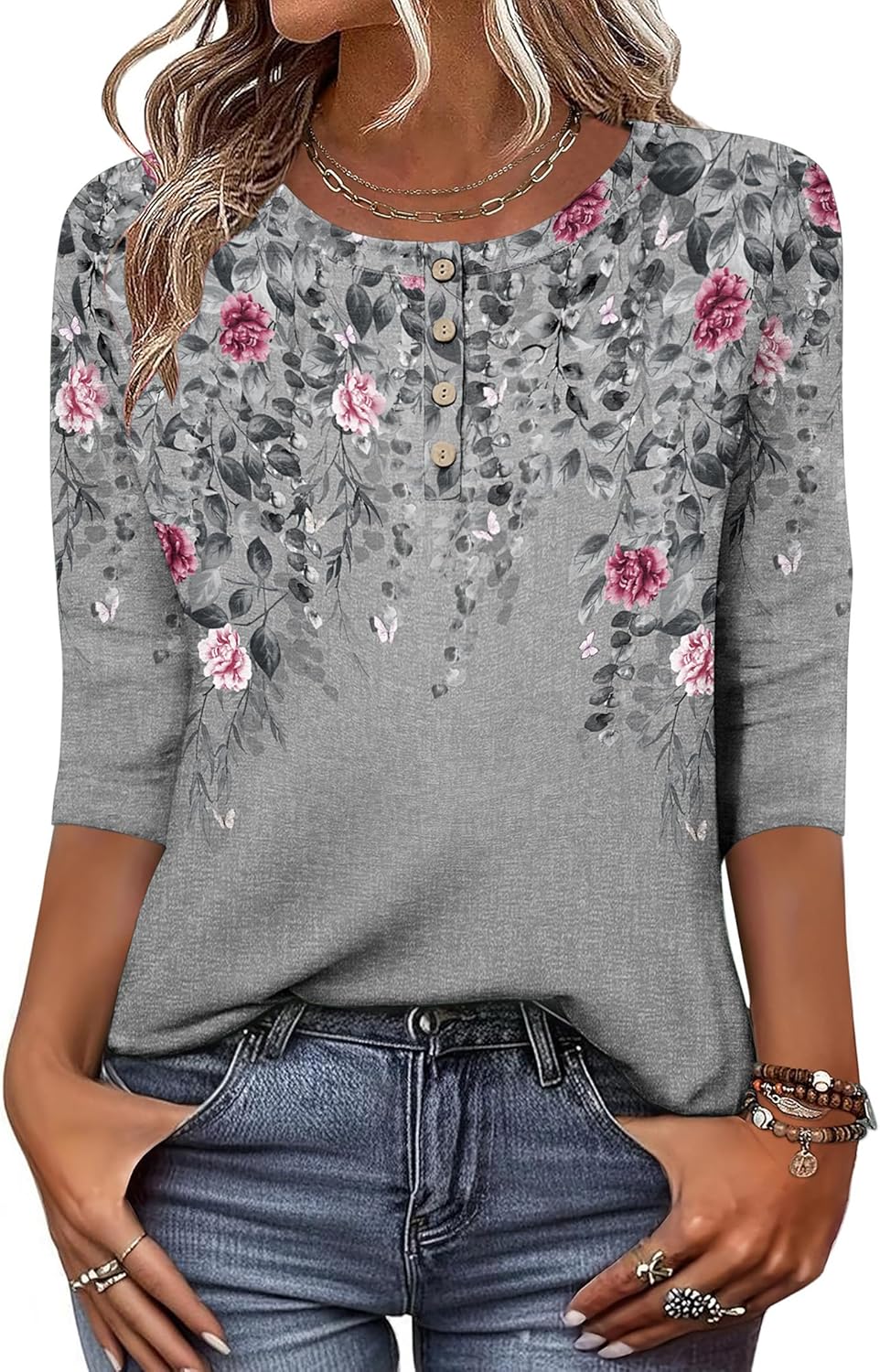 3/4 Length Sleeve Women Tops Crew Neck Blouses Dressy Casual Summer T Shirts Loose Fit Business Work Clothes