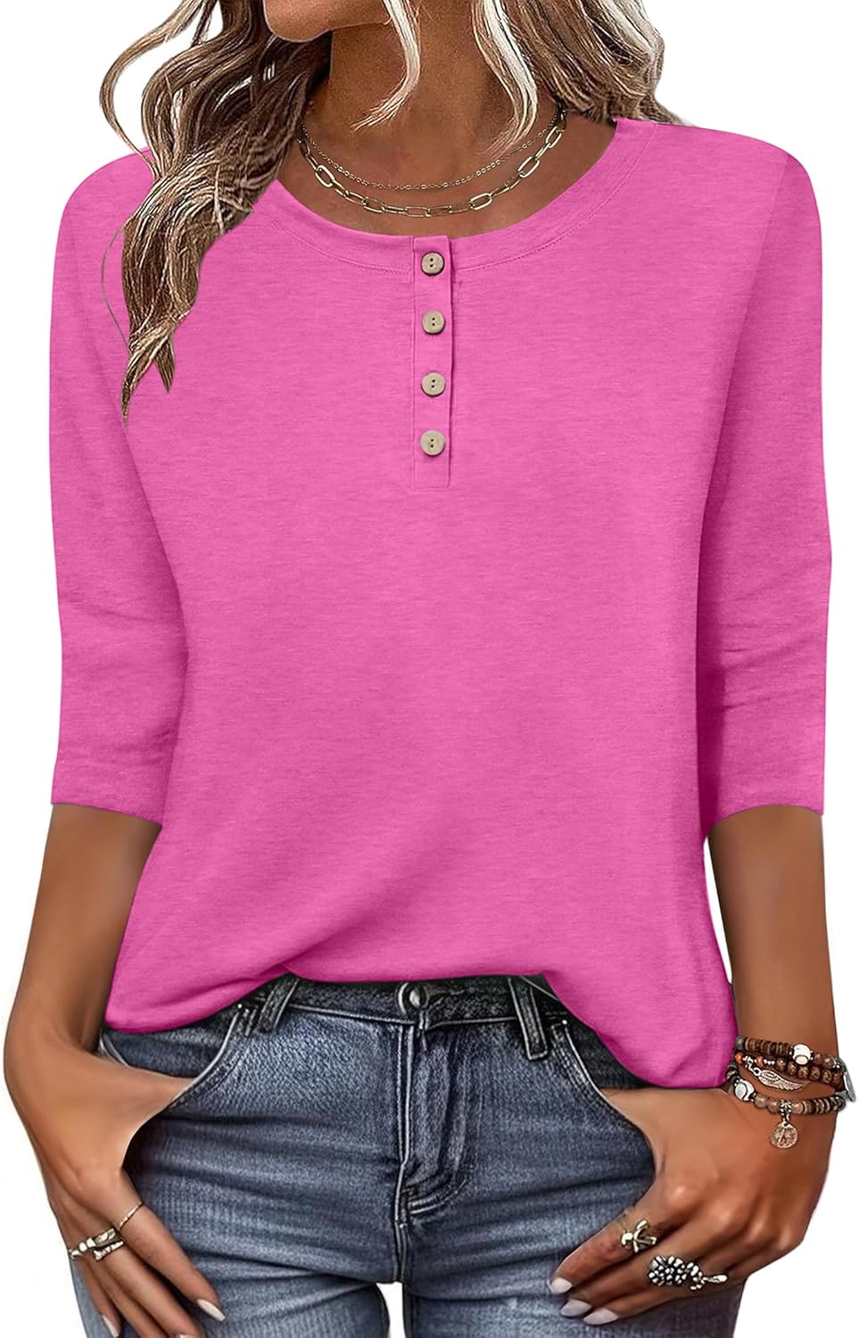 3/4 Length Sleeve Women Tops Crew Neck Blouses Dressy Casual Summer T Shirts Loose Fit Business Work Clothes