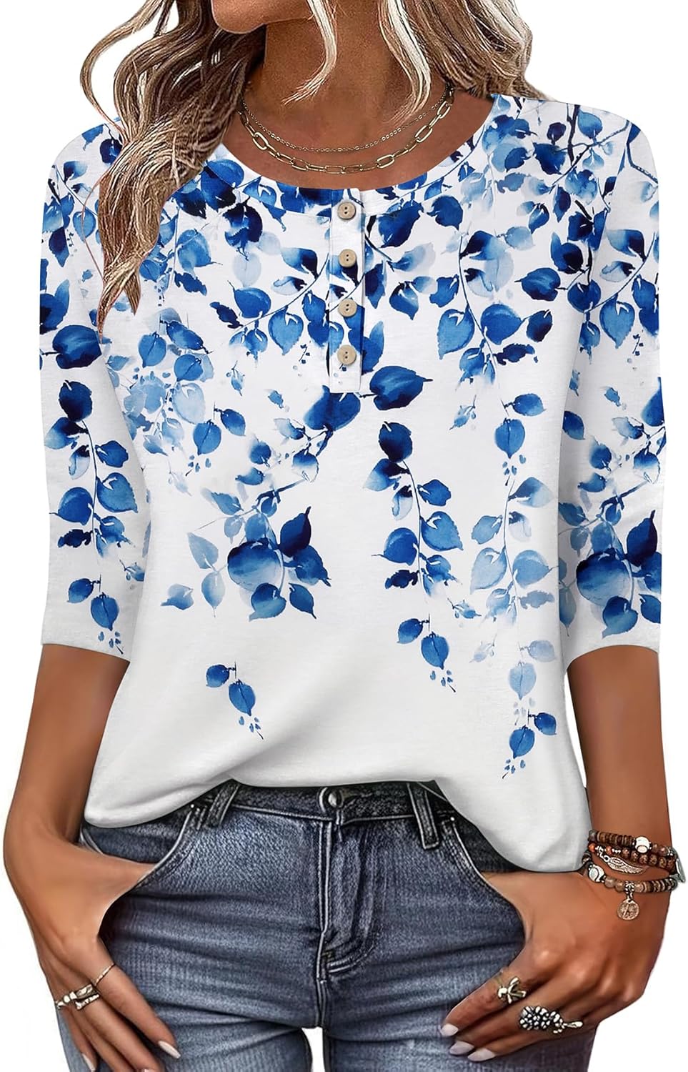 3/4 Length Sleeve Women Tops Crew Neck Blouses Dressy Casual Summer T Shirts Loose Fit Business Work Clothes