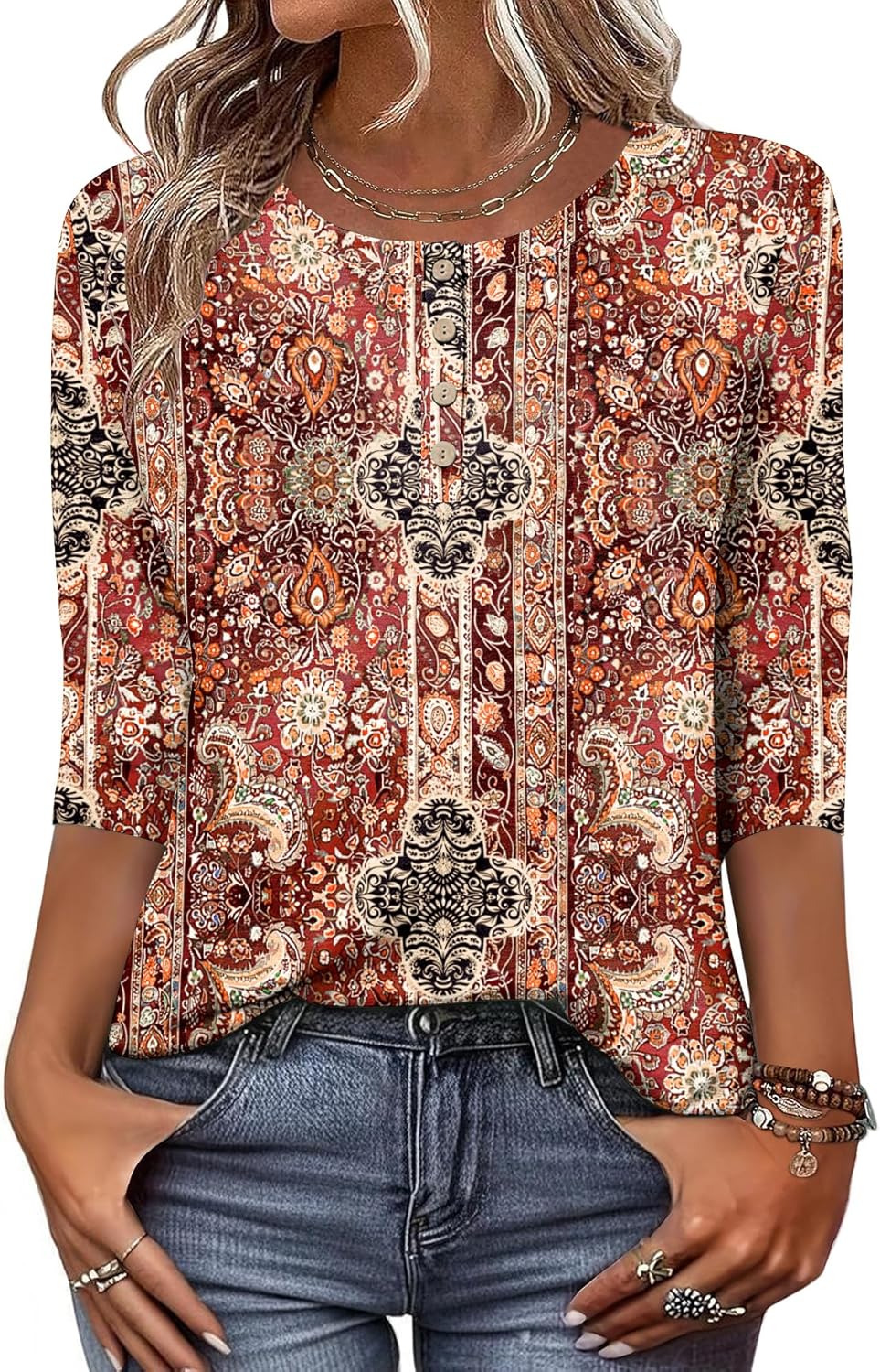 3/4 Length Sleeve Women Tops Crew Neck Blouses Dressy Casual Summer T Shirts Loose Fit Business Work Clothes