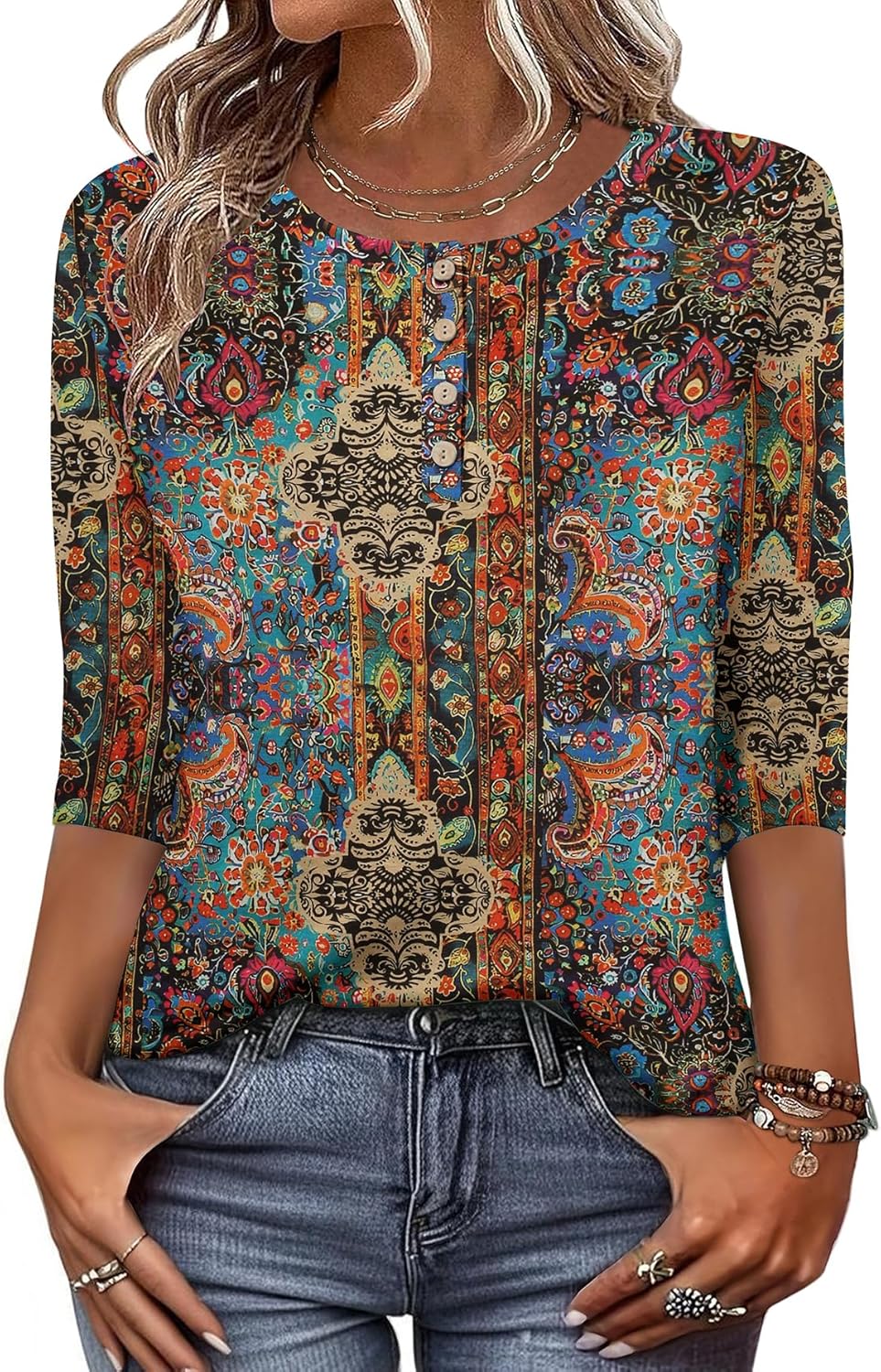 3/4 Length Sleeve Women Tops Crew Neck Blouses Dressy Casual Summer T Shirts Loose Fit Business Work Clothes