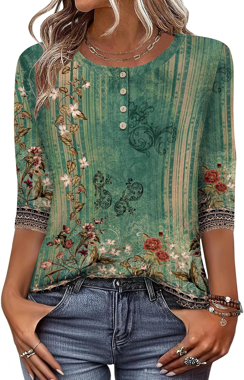 3/4 Length Sleeve Women Tops Crew Neck Blouses Dressy Casual Summer T Shirts Loose Fit Business Work Clothes