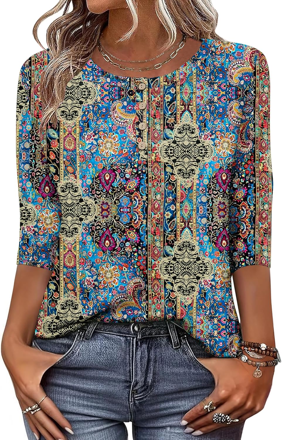 3/4 Length Sleeve Women Tops Crew Neck Blouses Dressy Casual Summer T Shirts Loose Fit Business Work Clothes